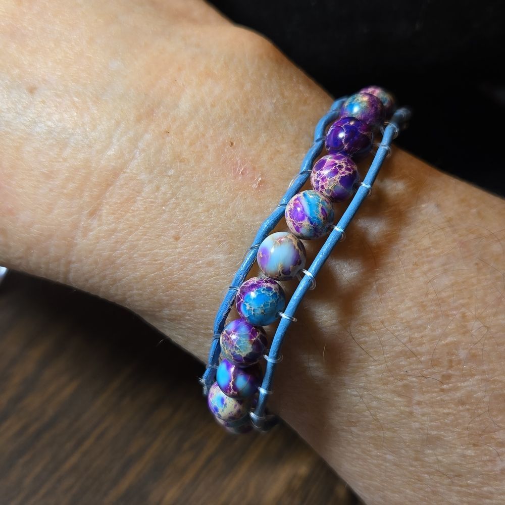 HANDCRAFTED Blue Leather Wrapped Bracelet with Turquoise, Blue & Purple Beads